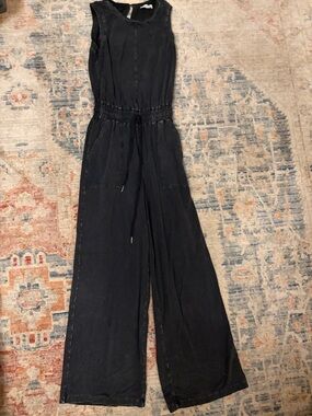 Evereve Washed Black Sleeveless Wide-Leg Drawstring Jumpsuit